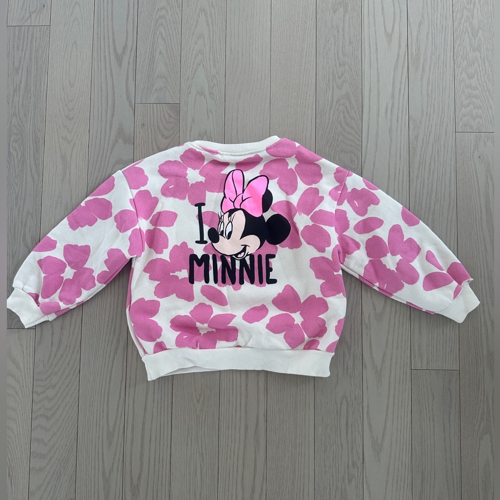🌷Zara Kids Disney Minnie Mouse White Sweatshirt with Pink Floral Print size 6